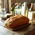 Freshly baked vegan bread on a wooden table with ingredients