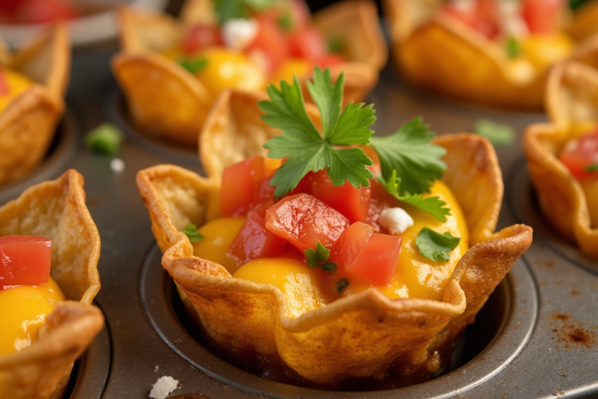 Crispy taco cupcakes in a muffin tin with melted cheese and toppings