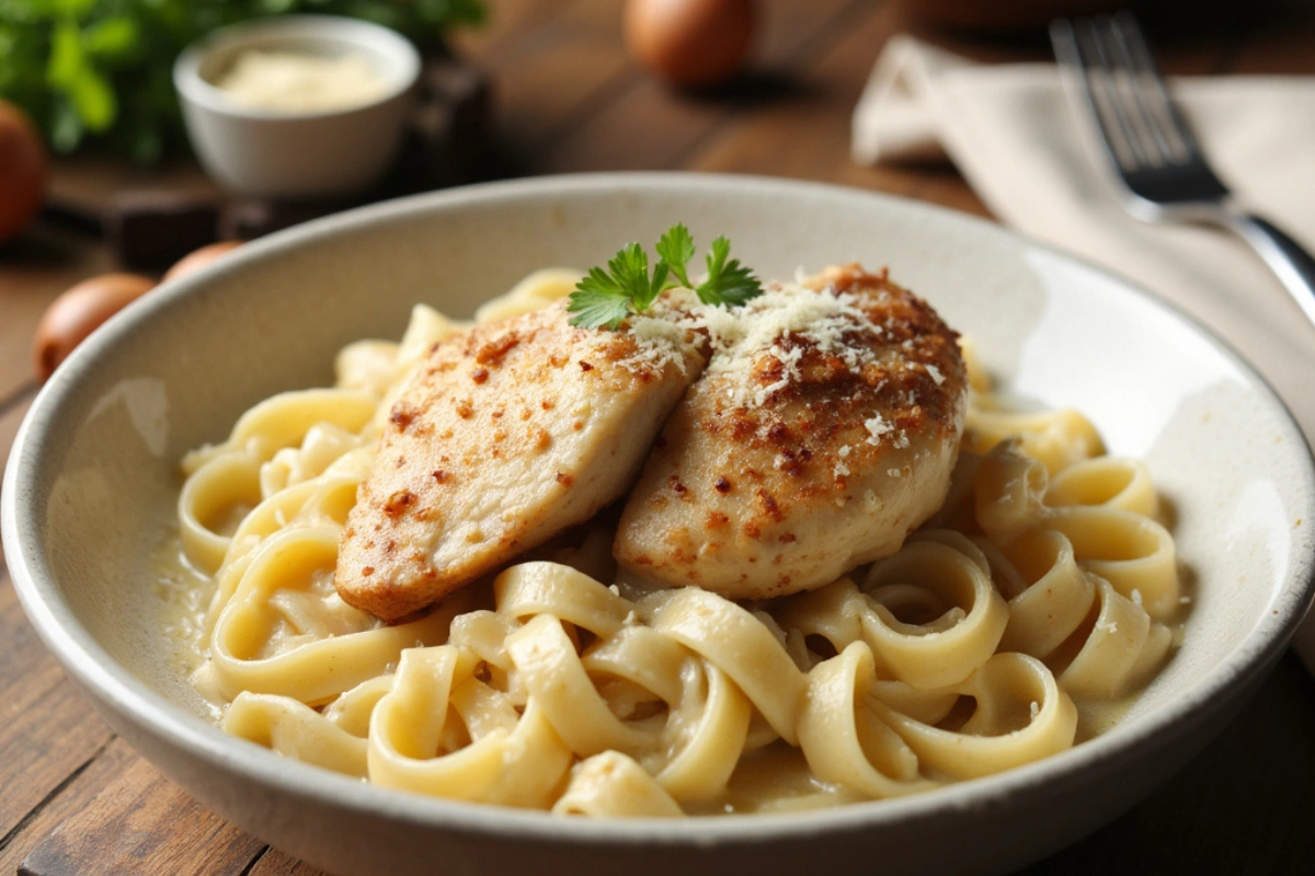 A bowl of creamy garlic parmesan chicken pasta with golden-brown chicken.