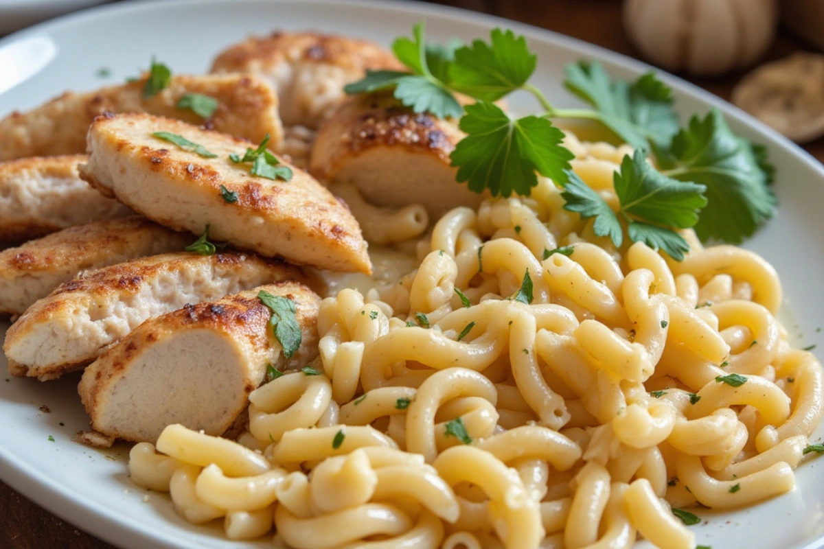 Healthy garlic parmesan chicken pasta with grilled chicken and creamy sauce