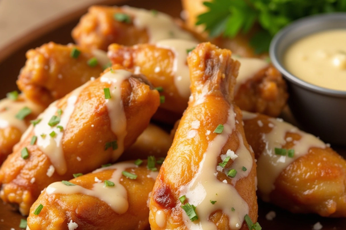 Crispy chicken wings coated in creamy Garlic Parmesan Wing Sauce recipe