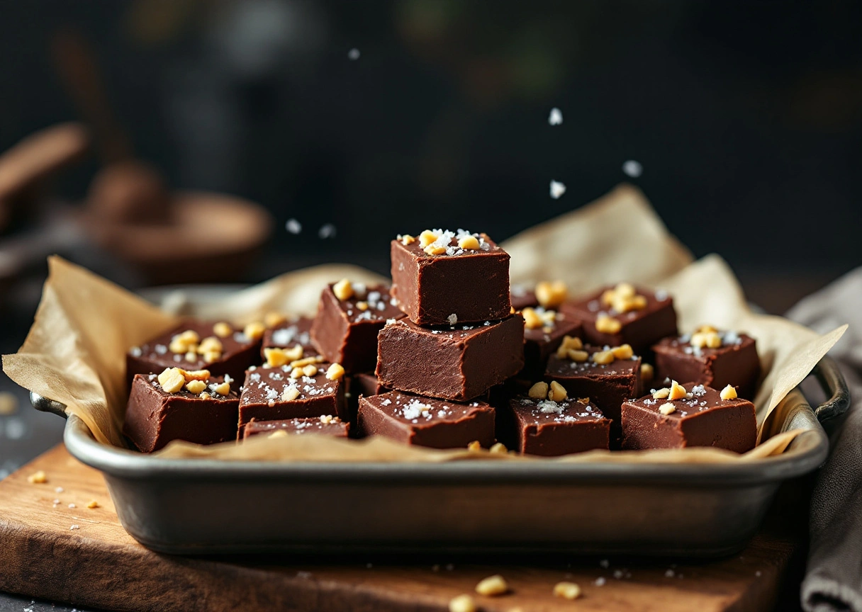 Vegan chocolate fudge squares on wooden tray