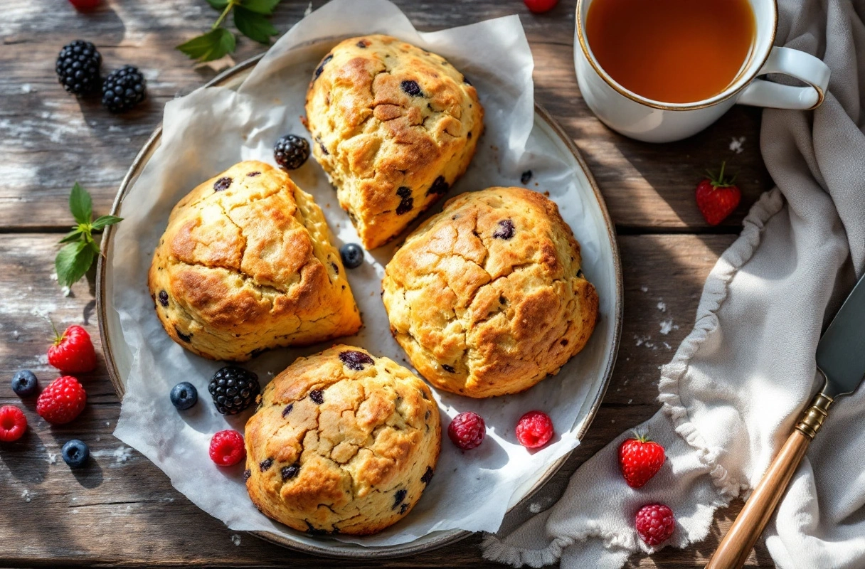 Freshly baked vegan scones on a rustic table with tea
