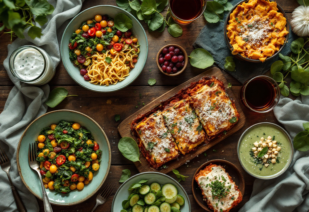 Vegan spinach feast with assorted healthy dishes