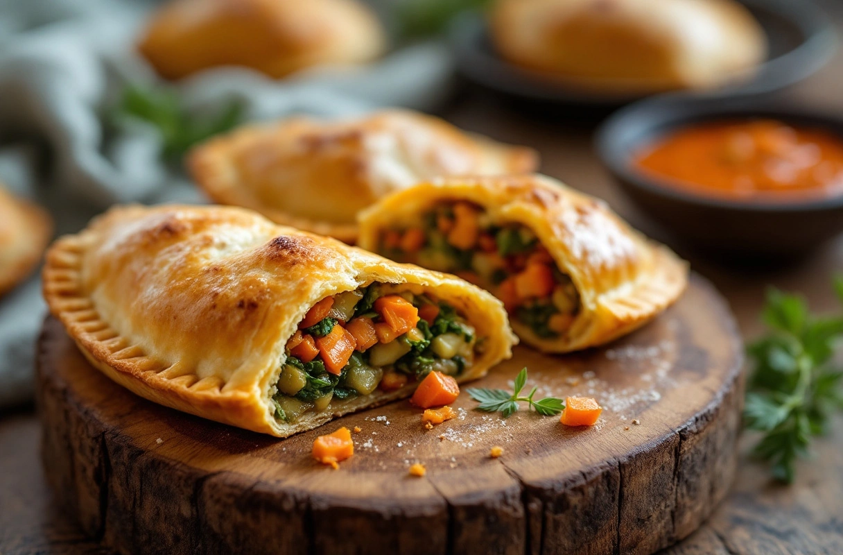 Golden flaky vegan pasties on a rustic board