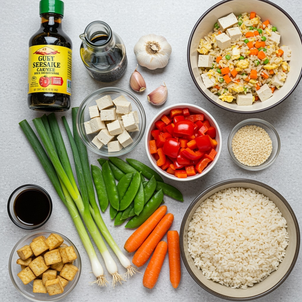 Ingredients for Vegan Fried Rice Recipe with fresh vegetables and tofu