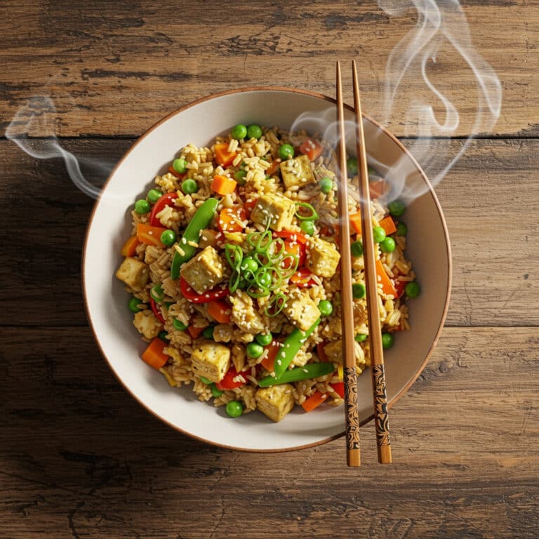 Beautifully plated vegan fried rice with vegetables and tofu