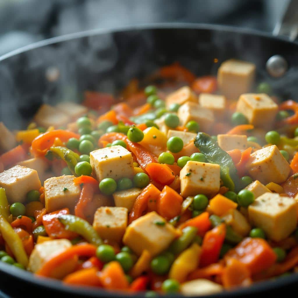 Stir-frying vegetables and tofu for vegan fried rice
