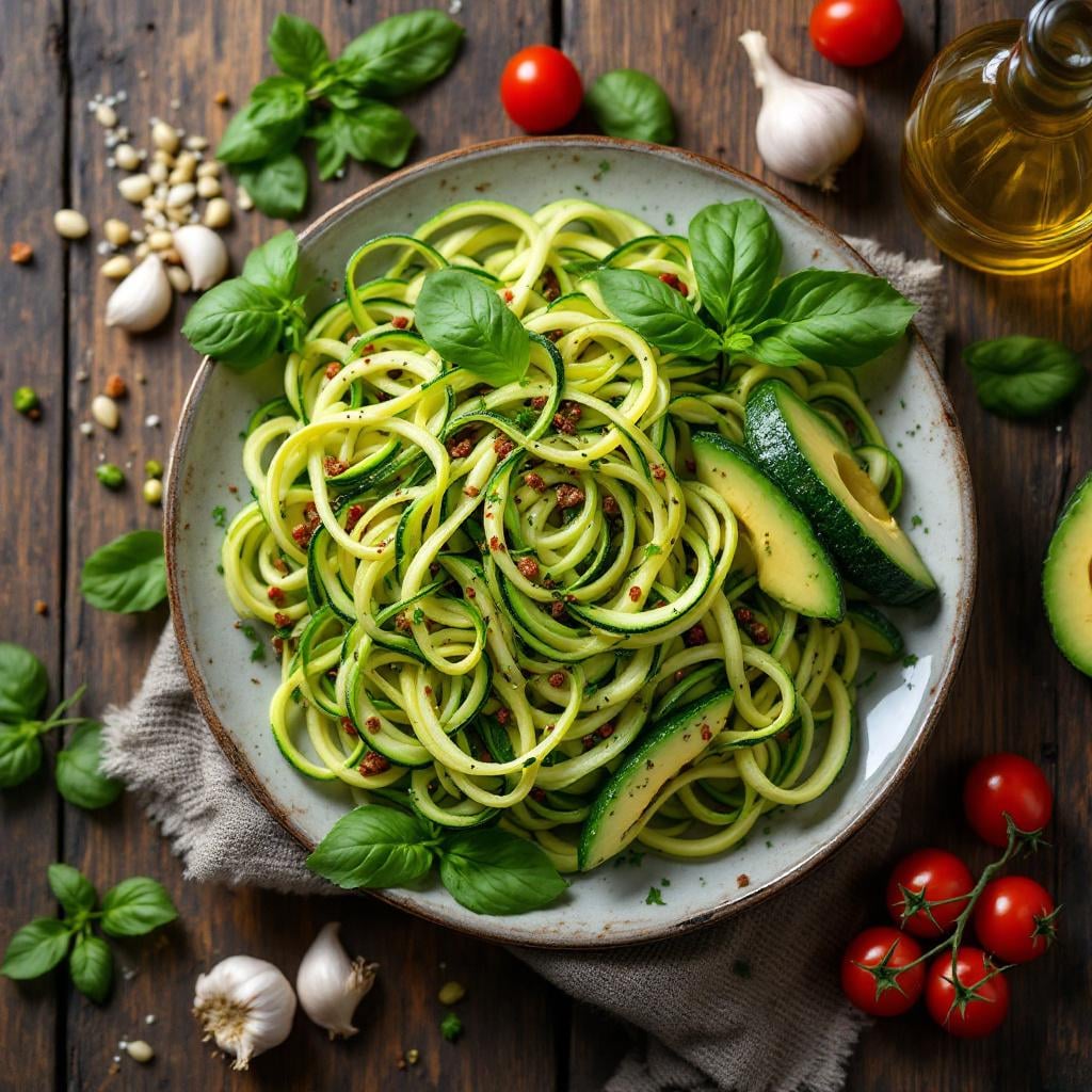 Ingredients for uncooked vegan zucchini salad
