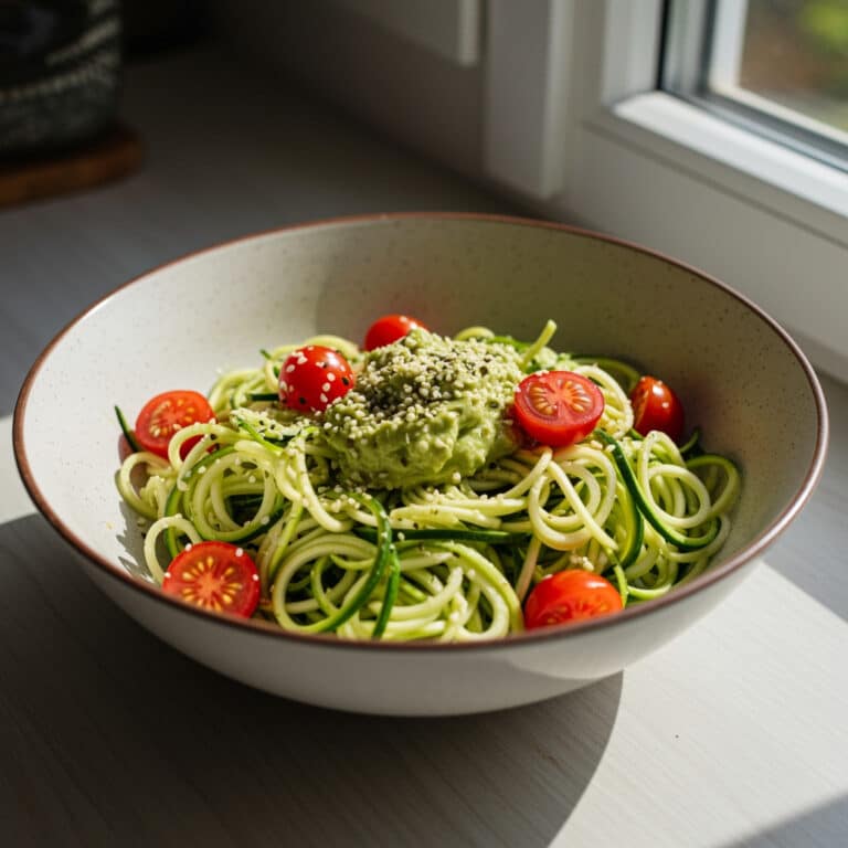 Uncooked vegan zucchini salad with toppings