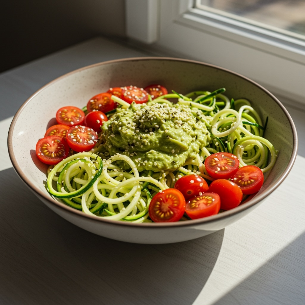 Uncooked vegan zucchini salad with toppings